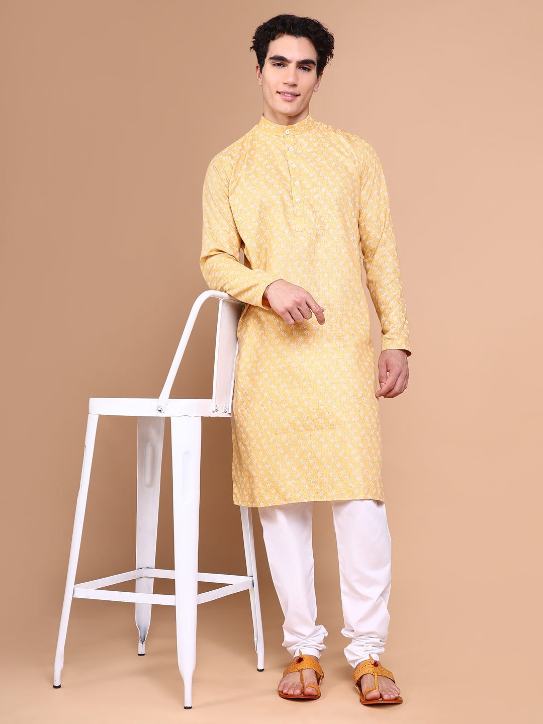 Men Mustard Floral Kurta Set