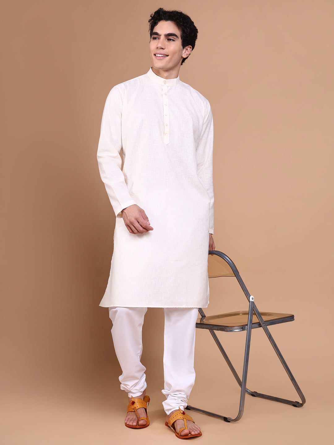 Men Cream Solid Kurta Set