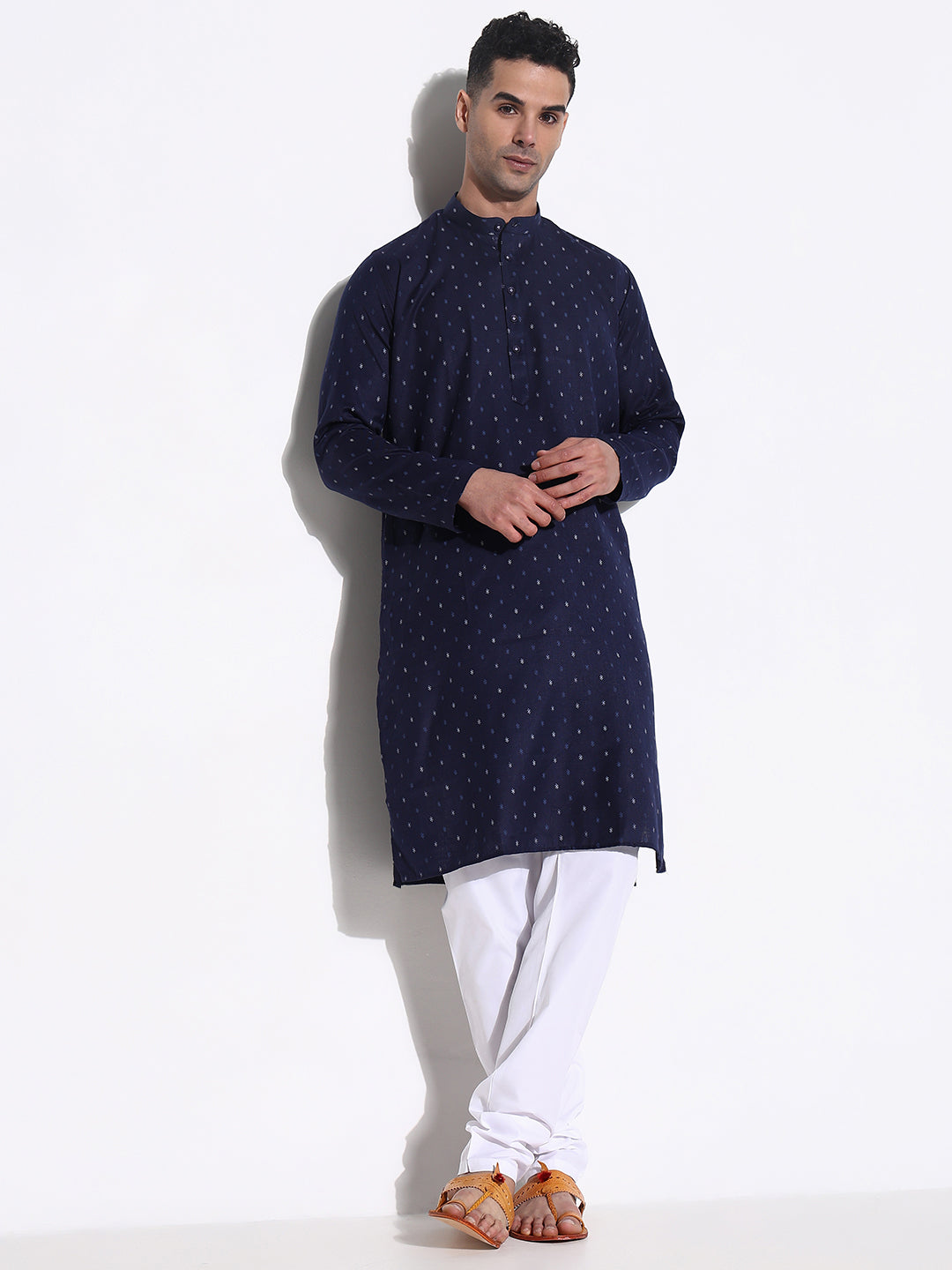 Men Navy Blue Geometric Kurta Set