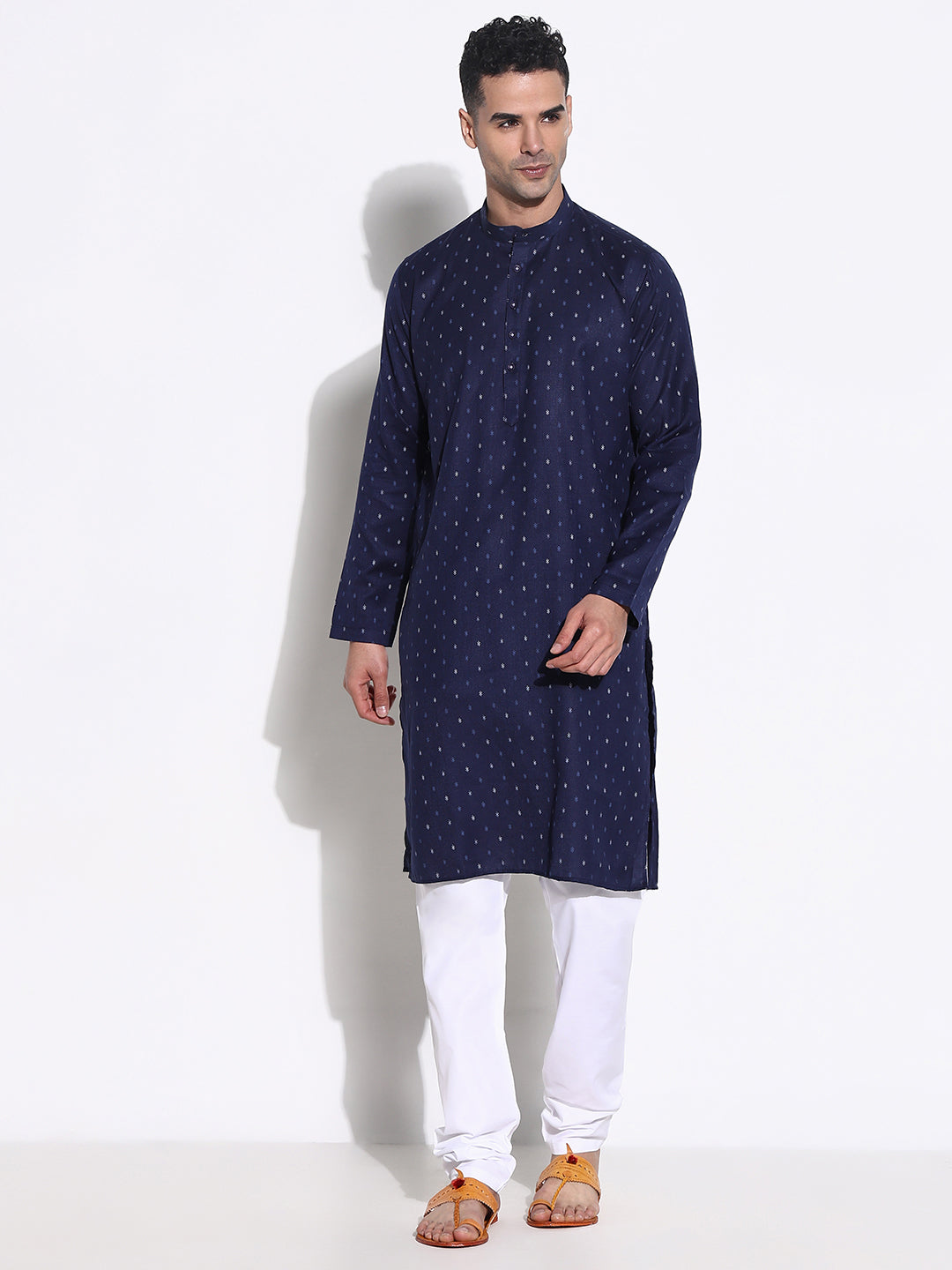 Men Navy Blue Geometric Kurta Set