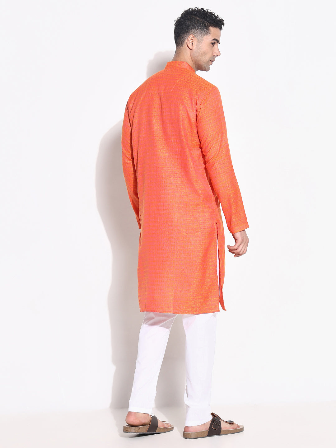 Men Orange Geometric Kurta Set