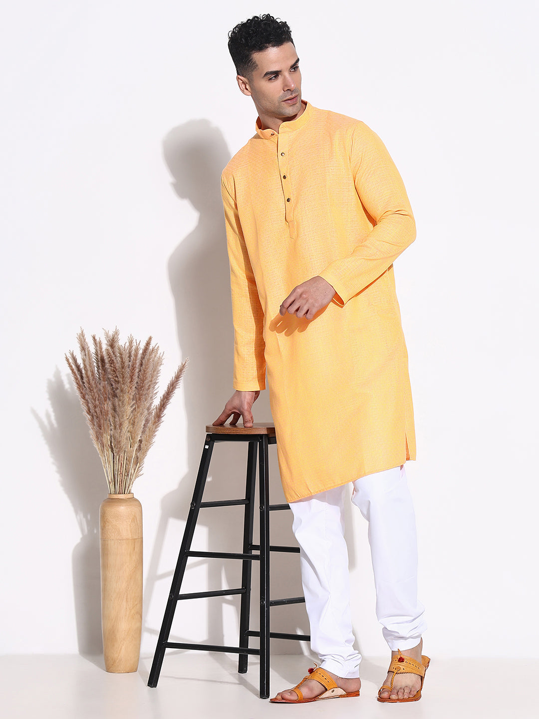 Men Orange Solid Kurta Set