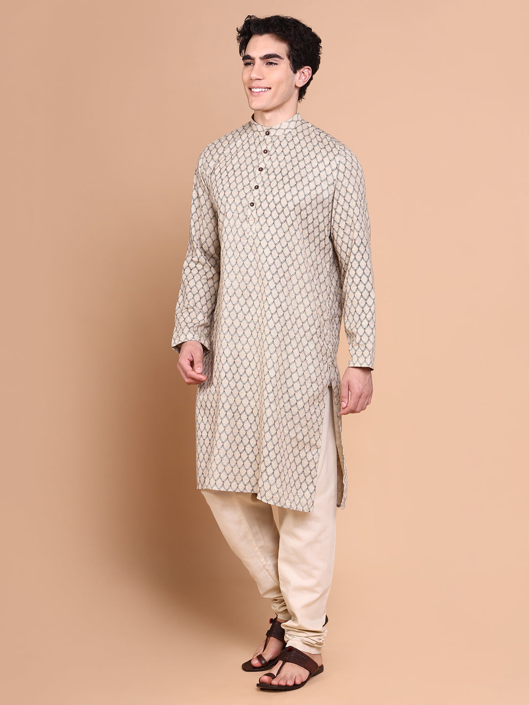 Men Beige Geometric Kurta Set