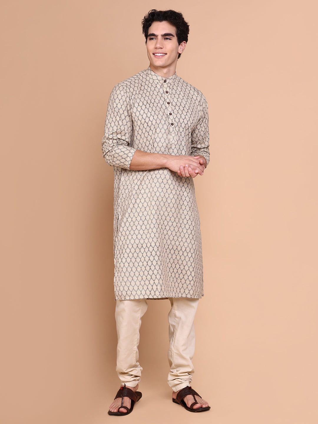 Men Beige Geometric Kurta Set