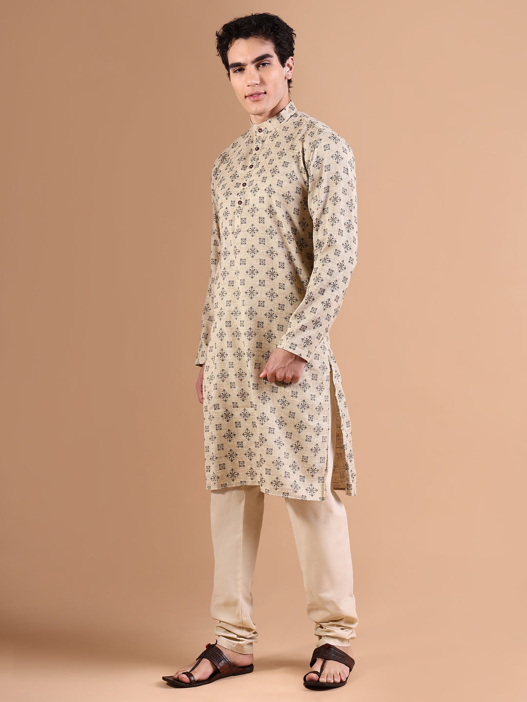 Men Beige Geometric Kurta Set