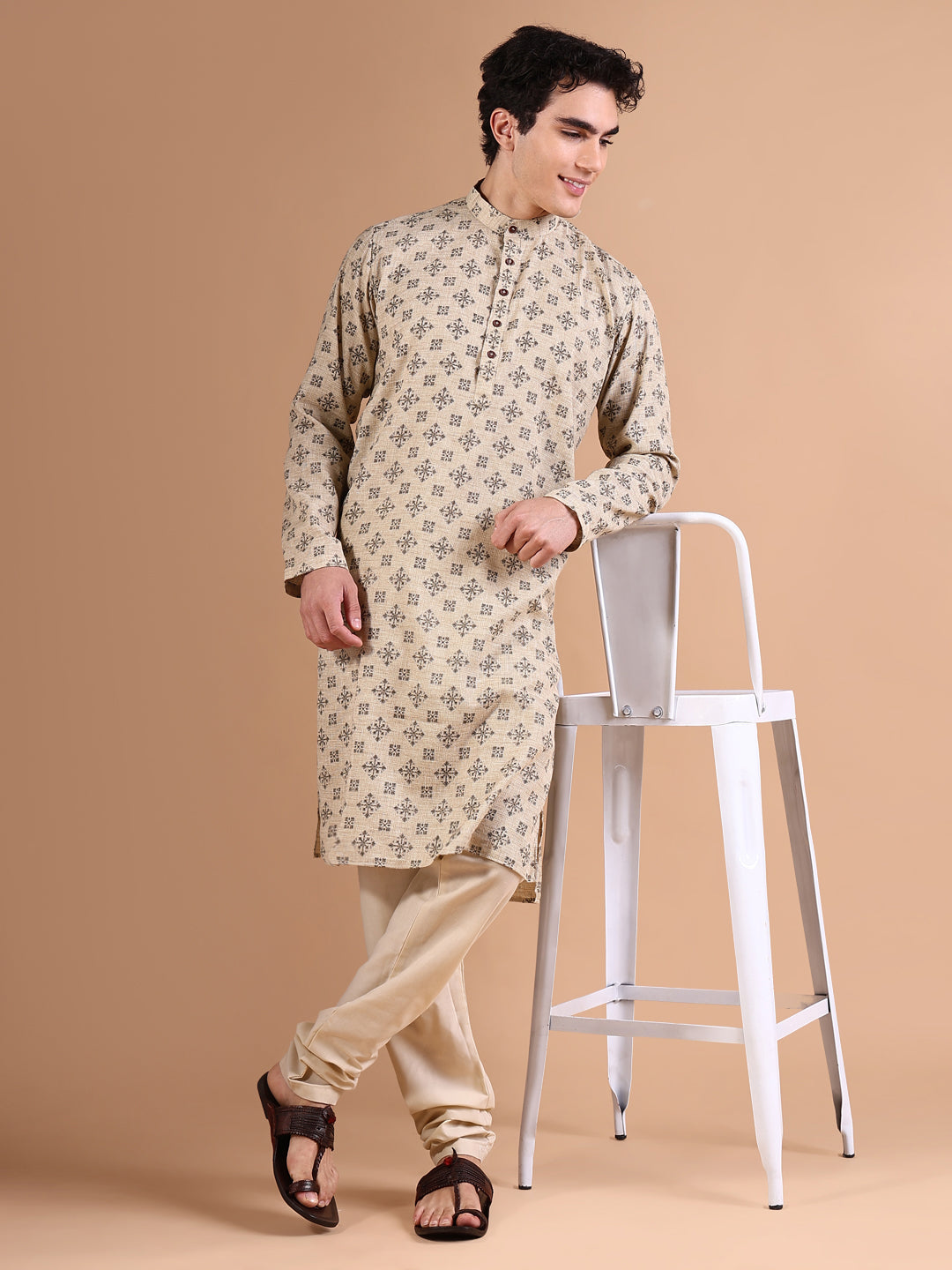 Men Beige Geometric Kurta Set