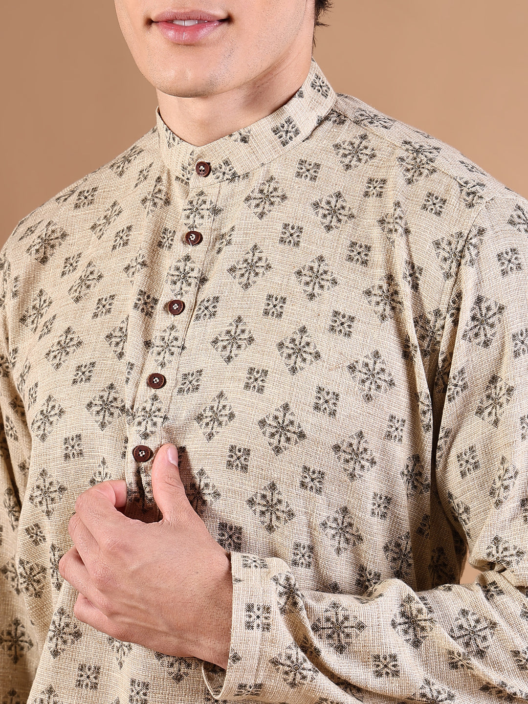 Men Beige Geometric Kurta Set