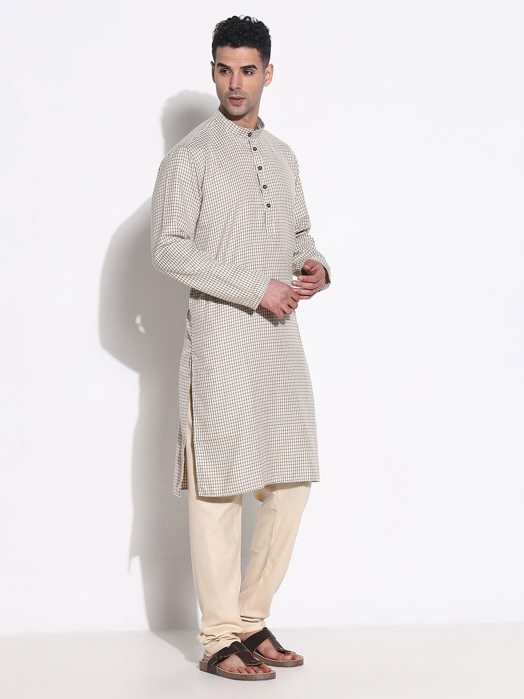 Men Beige Checked Kurta Set