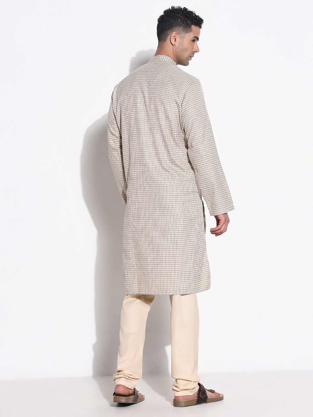 Men Beige Checked Kurta Set