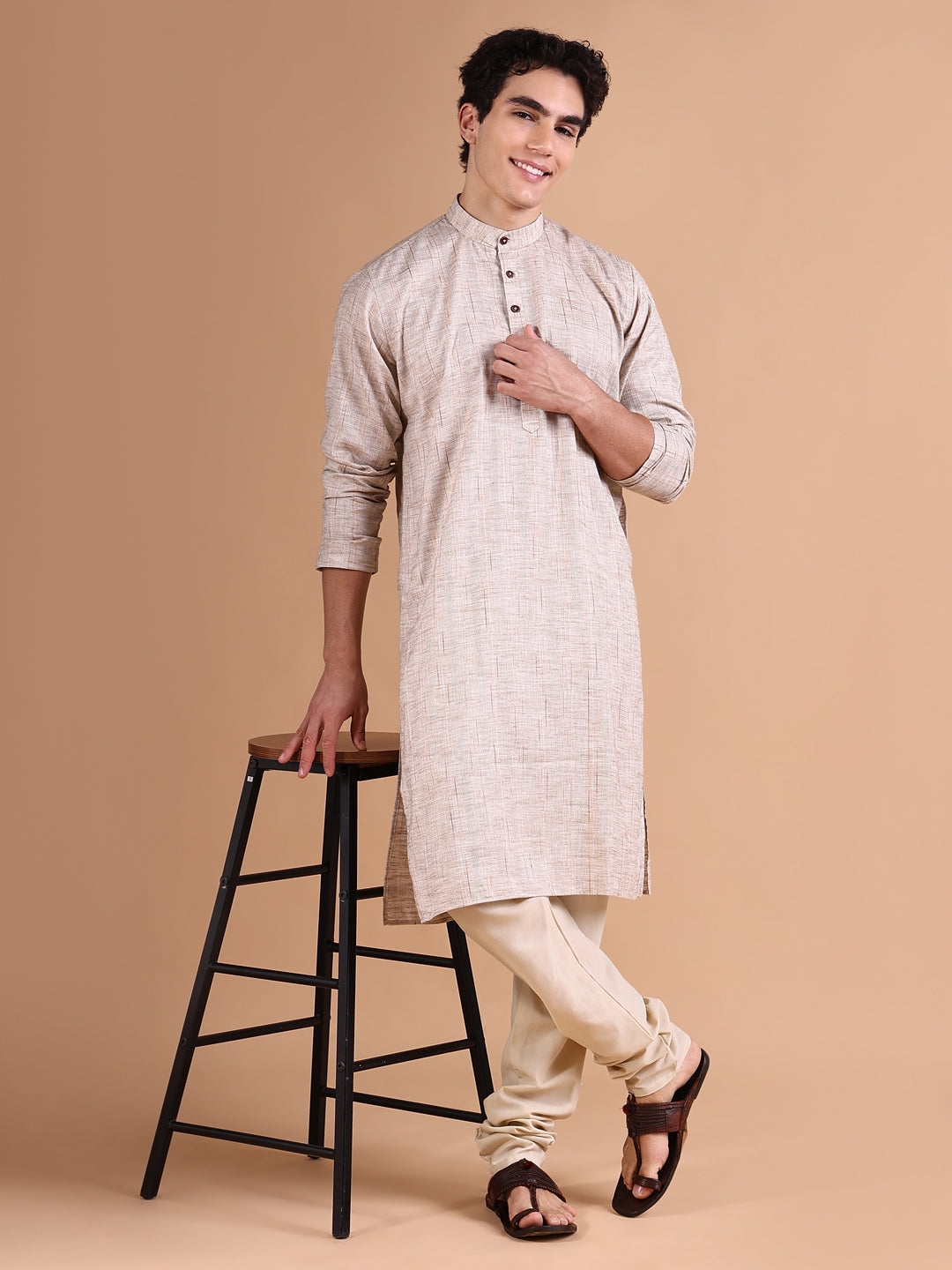 Men Beige Solid Kurta Set