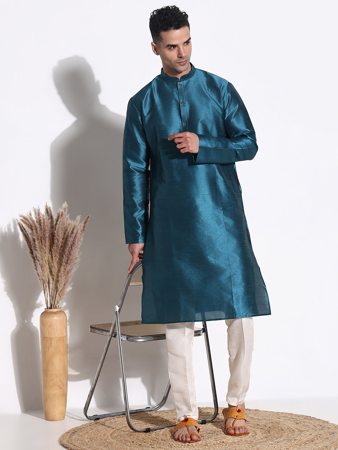 Men Teal Solid Kurta Set