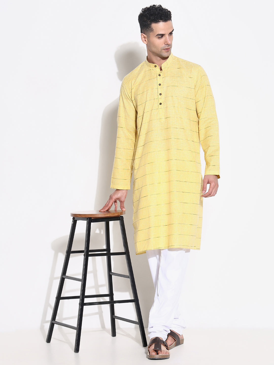 Men Yellow Striped Kurta Set