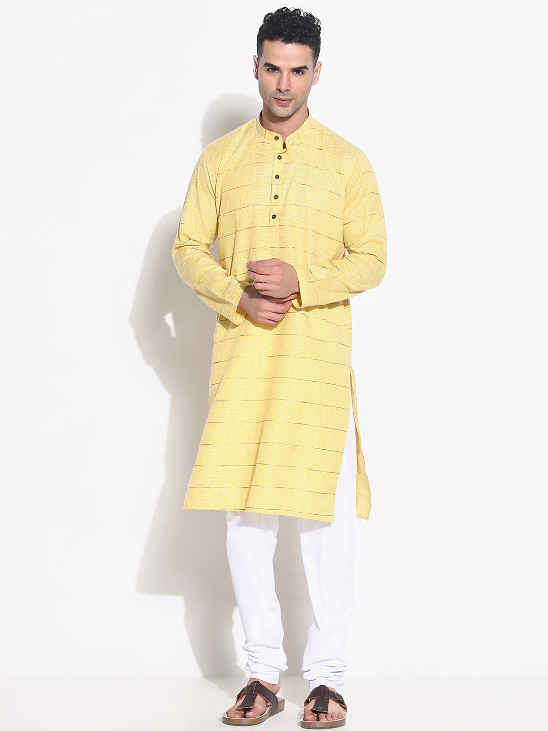 Men Yellow Striped Kurta Set