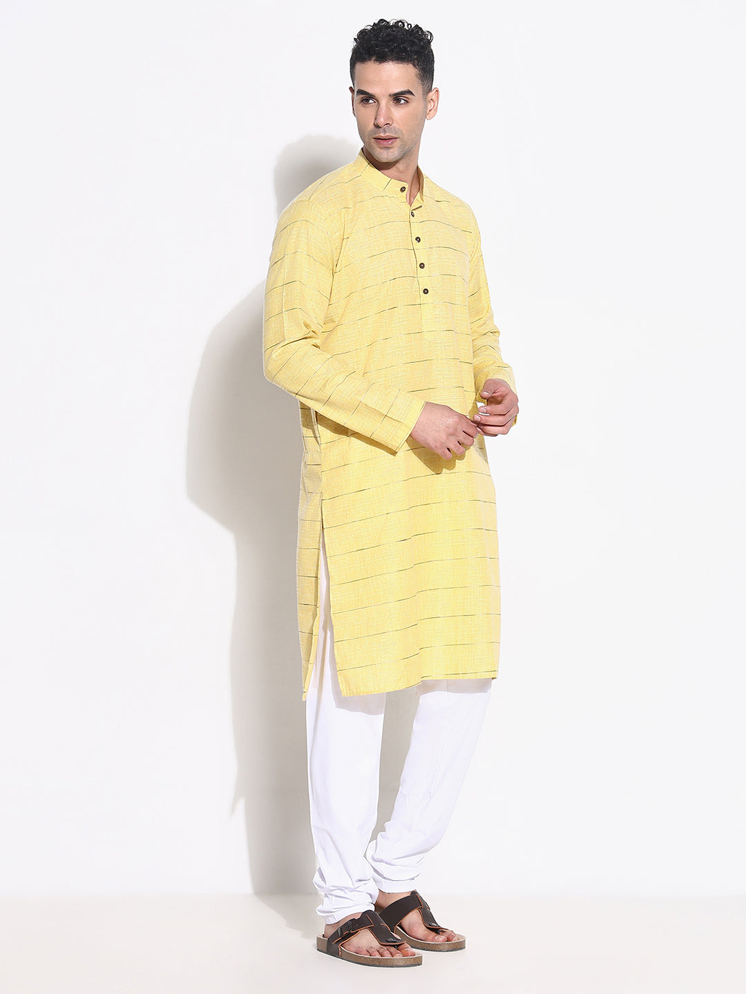 Men Yellow Striped Kurta Set