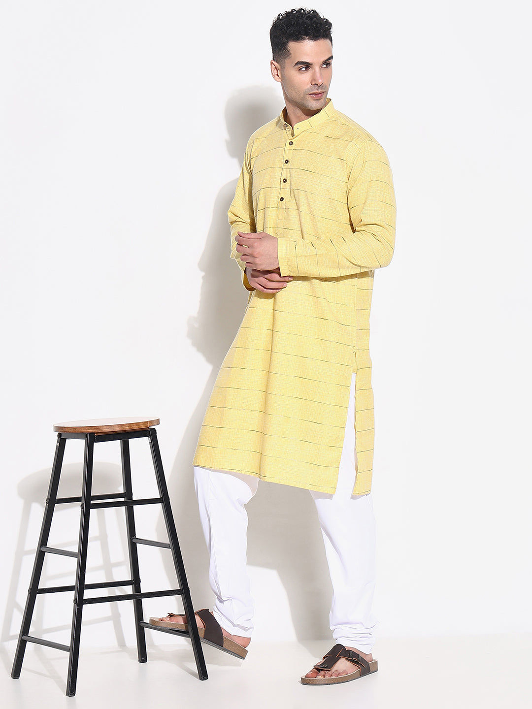 Men Yellow Striped Kurta Set