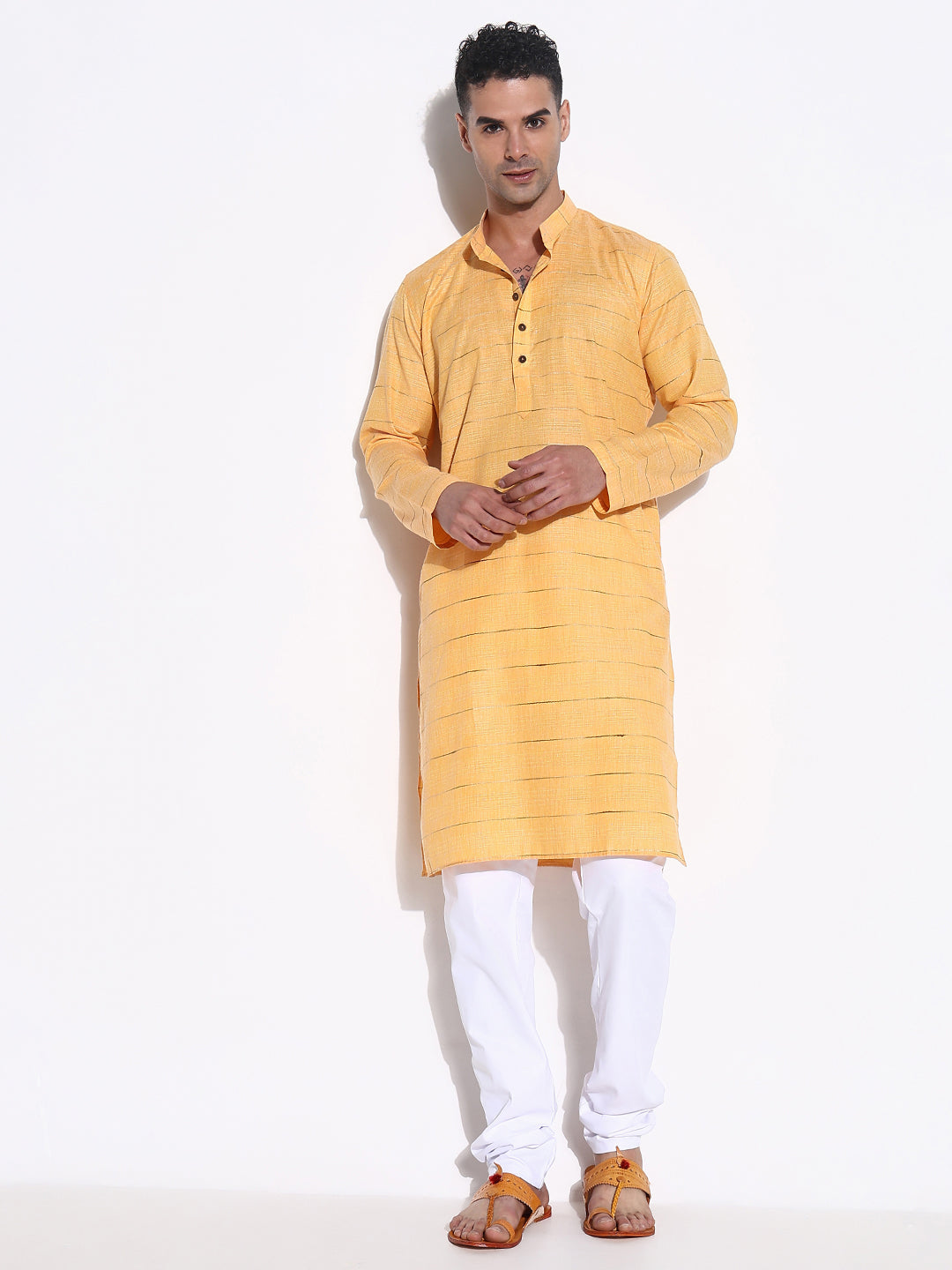 Men Orange Striped Kurta Set