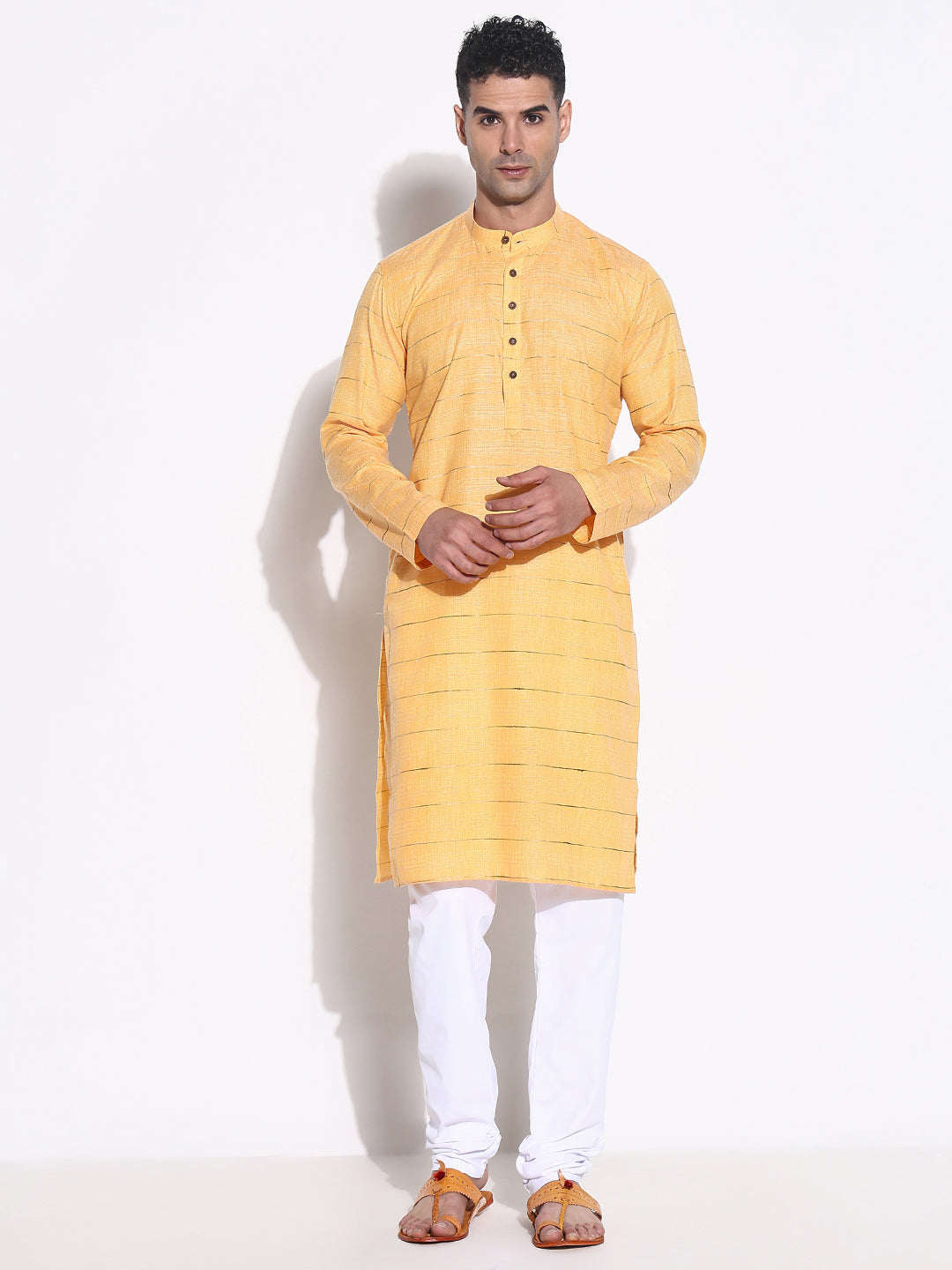 Men Orange Striped Kurta Set