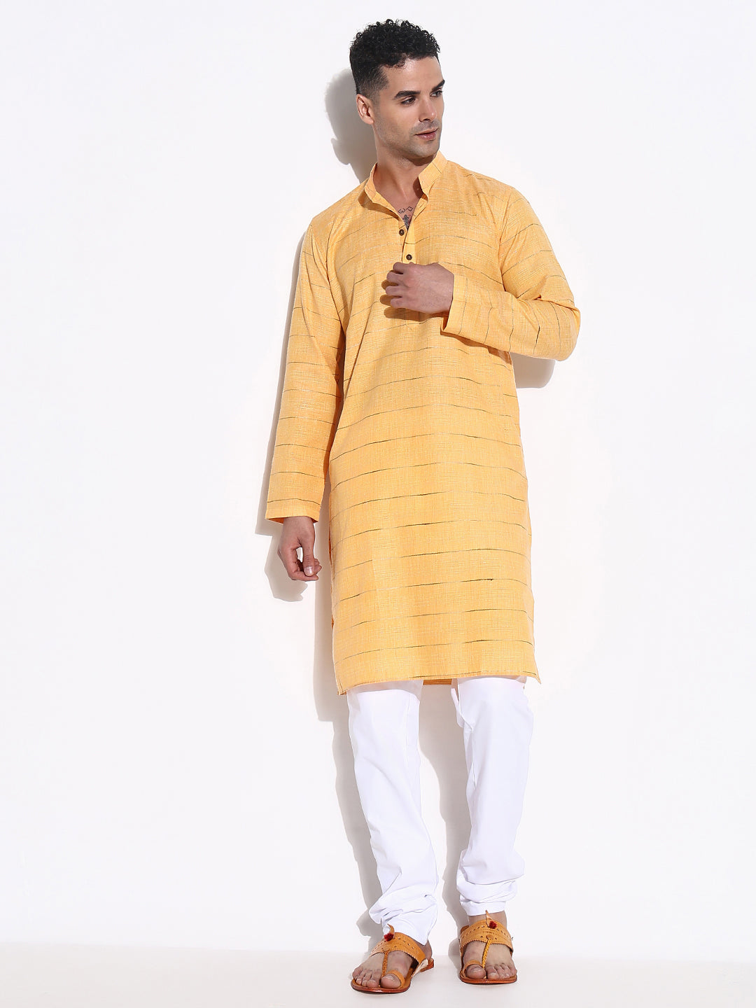 Men Orange Striped Kurta Set