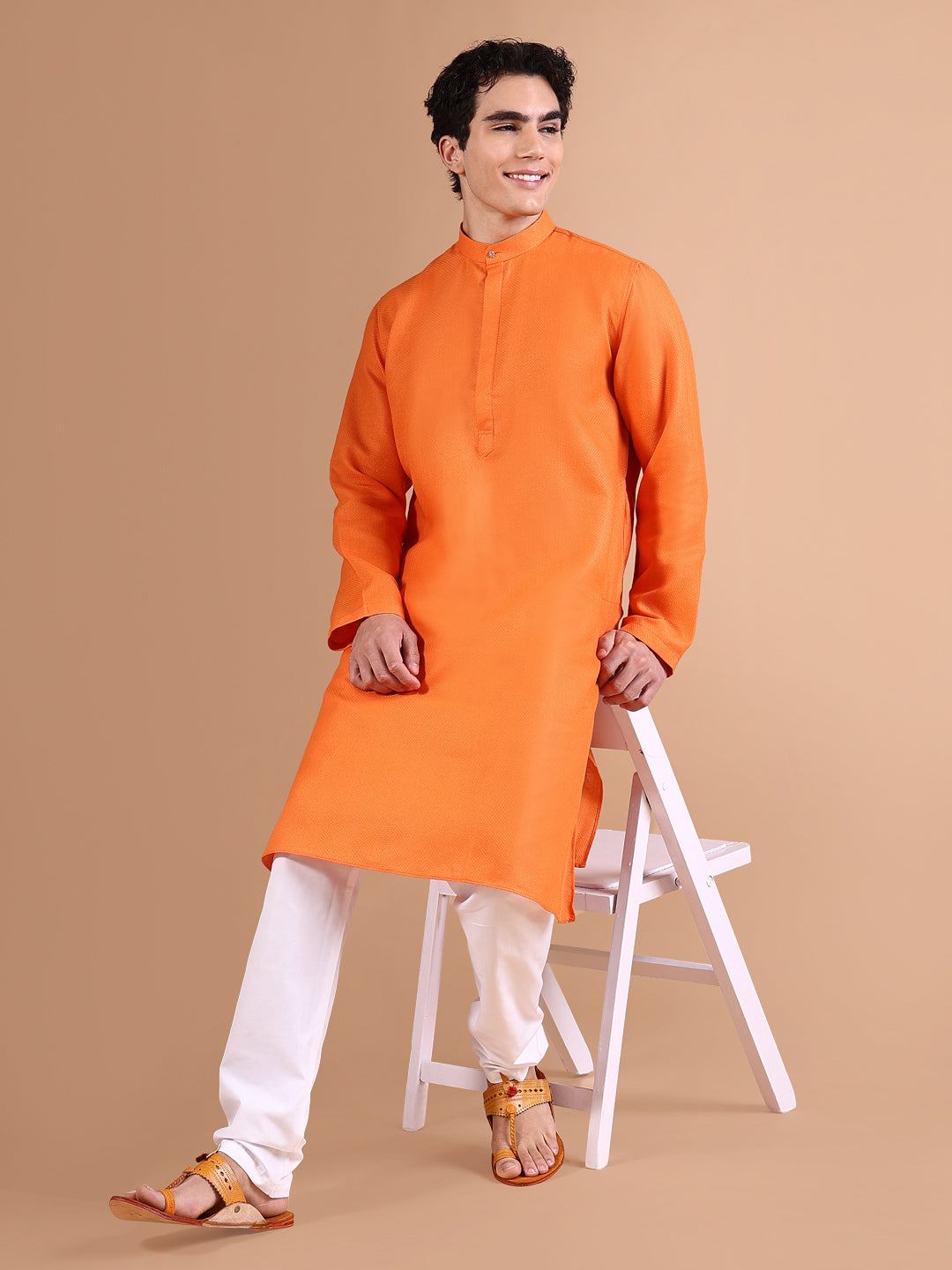 Men Orange Solid Kurta Set