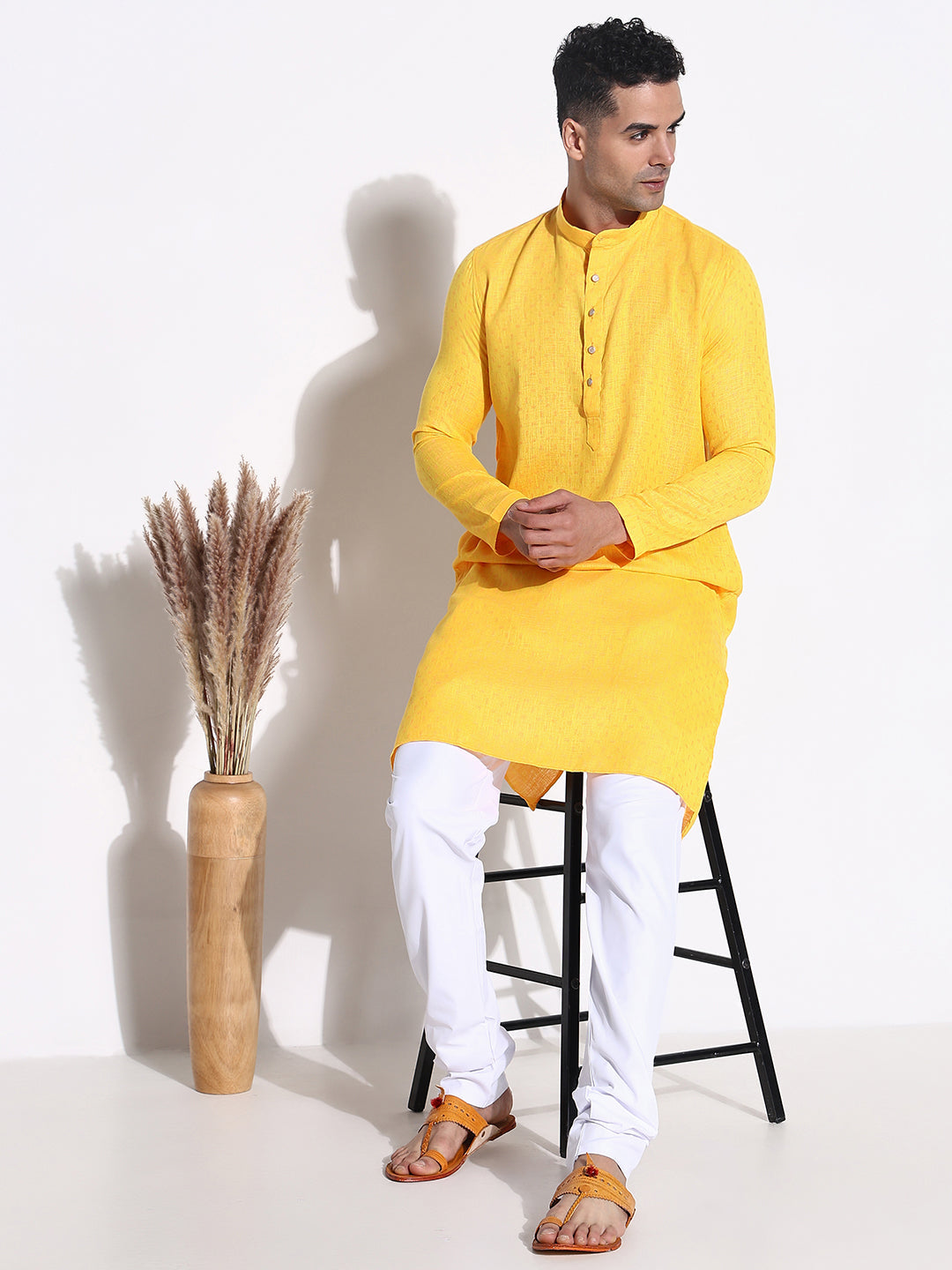 Men Yellow Solid Kurta Set