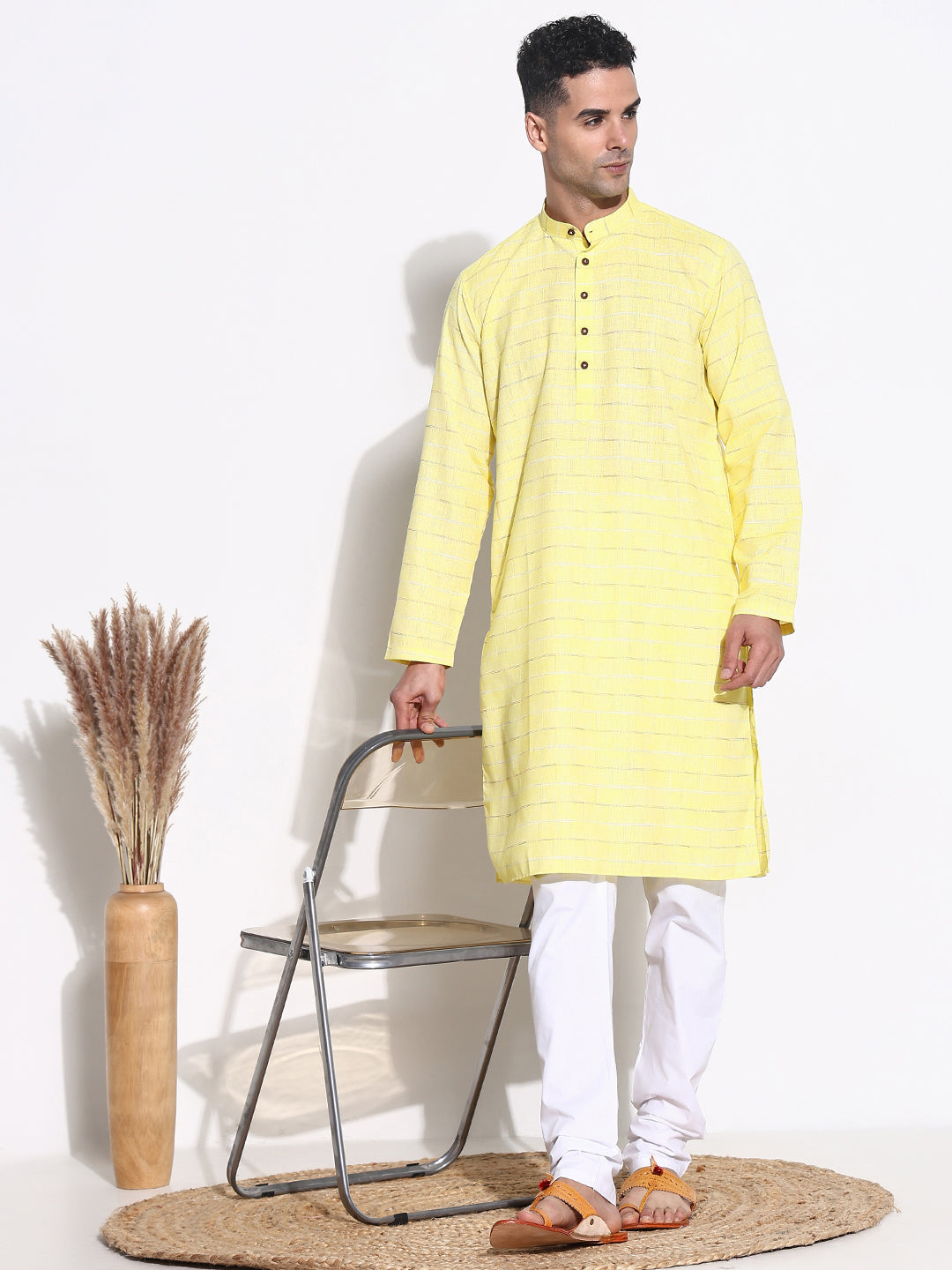 Men Yellow Striped Kurta Set