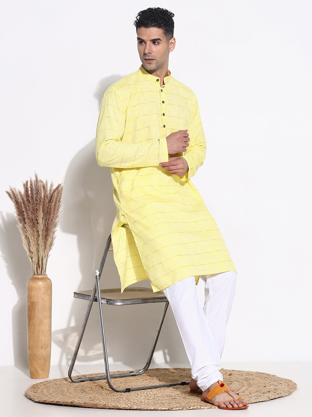 Men Yellow Striped Kurta Set