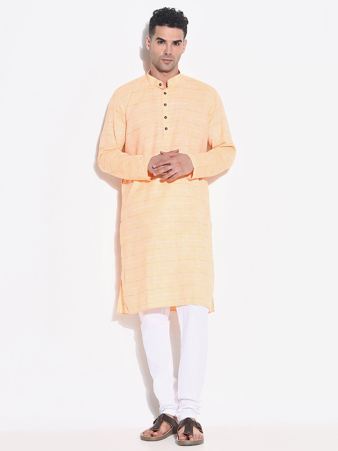 Men Orange Striped Kurta Set