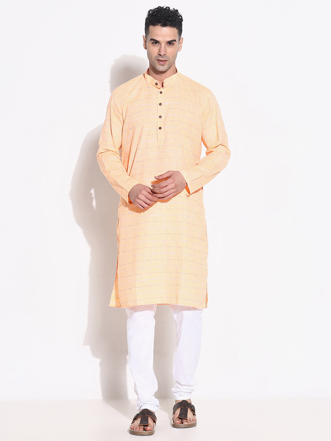 Men Orange Striped Kurta Set