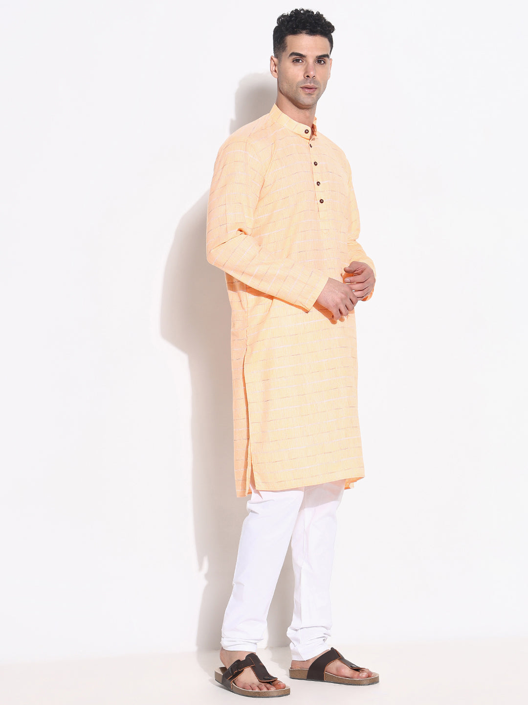 Men Orange Striped Kurta Set