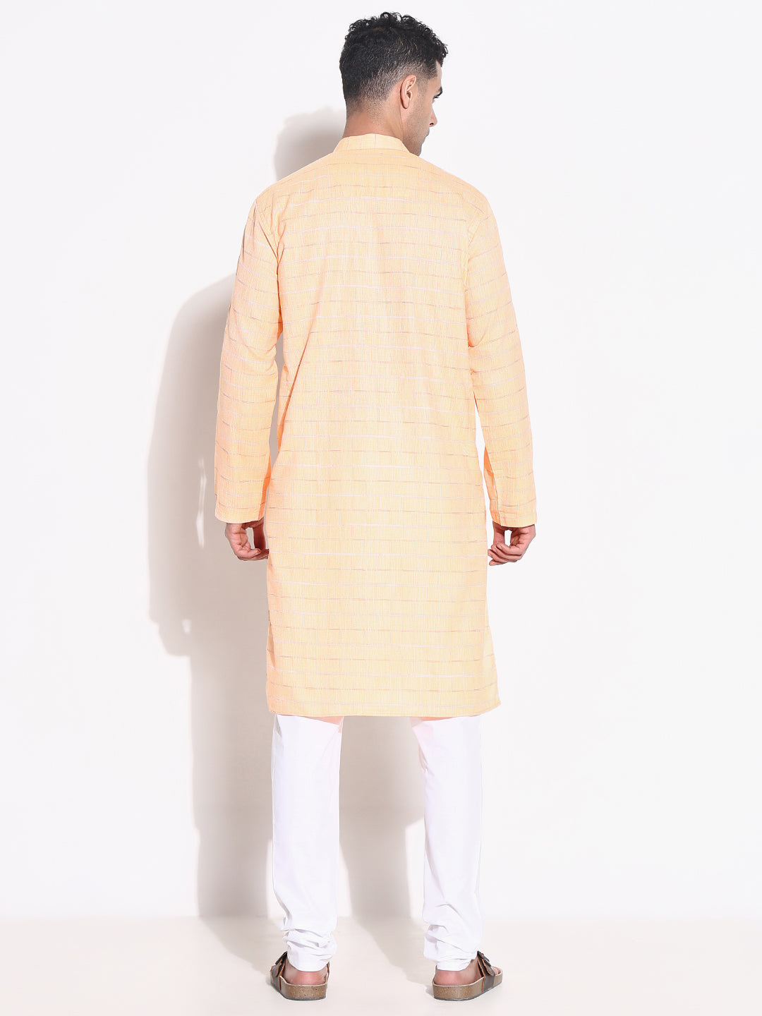 Men Orange Striped Kurta Set