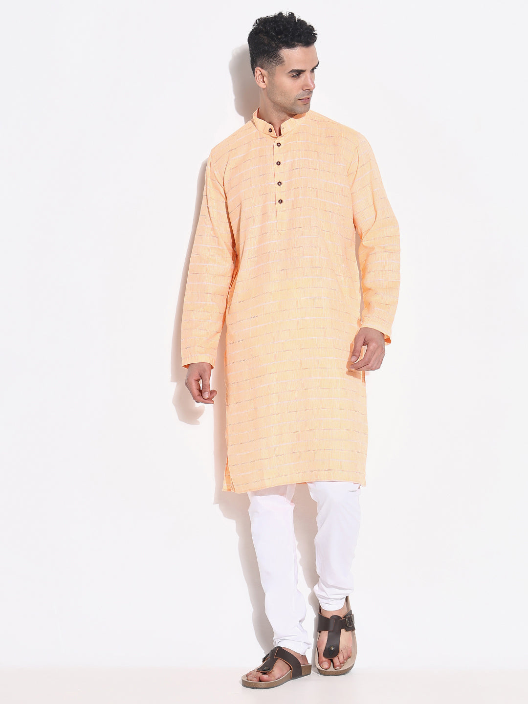 Men Orange Striped Kurta Set