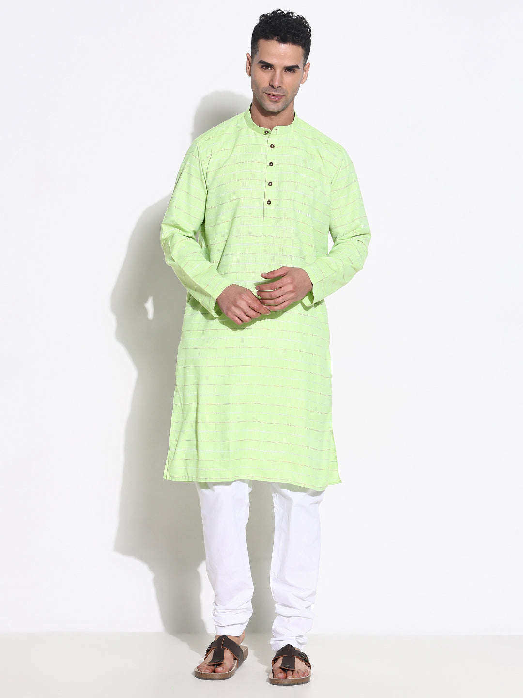 Men Green Striped Kurta Set