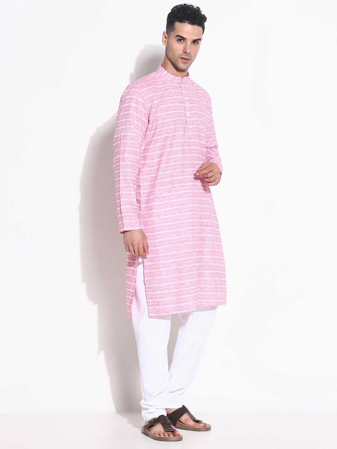 Men Pink Striped Kurta Set