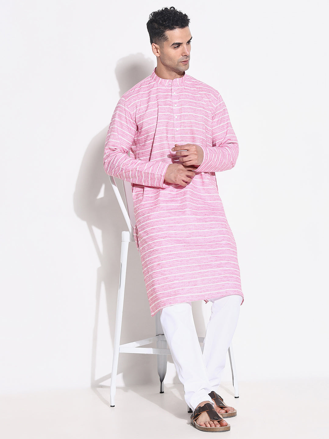 Men Pink Striped Kurta Set