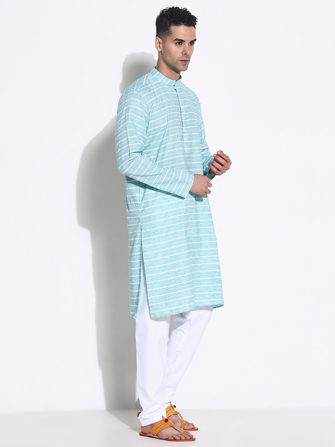 Men Blue Striped Kurta Set