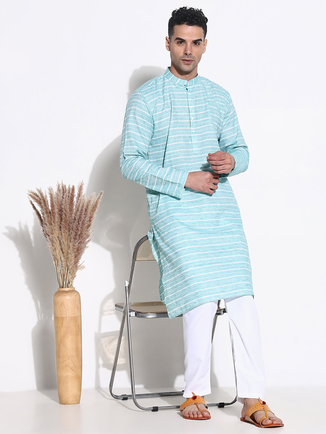 Men Blue Striped Kurta Set