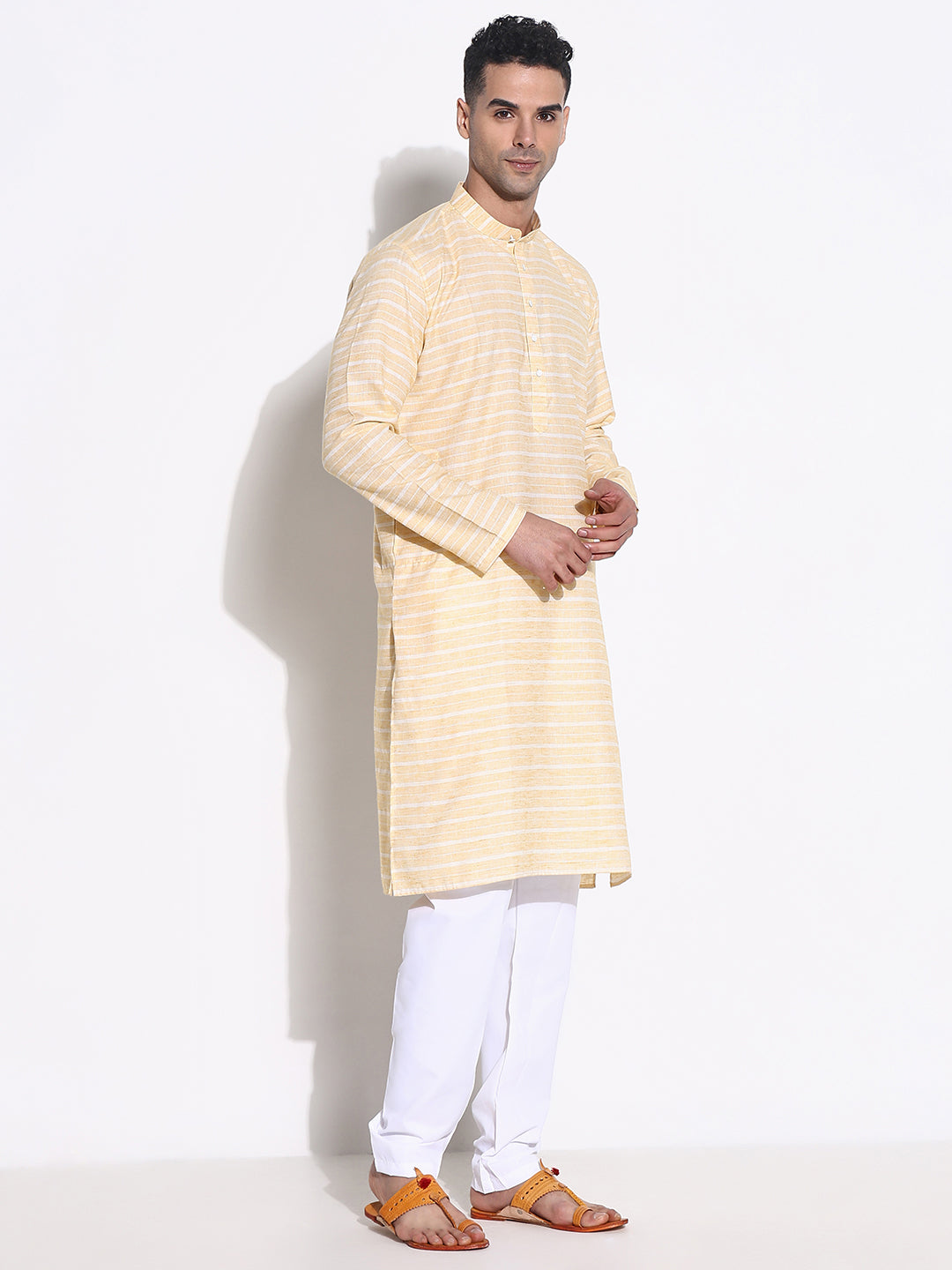 Men Yellow Striped Kurta Set