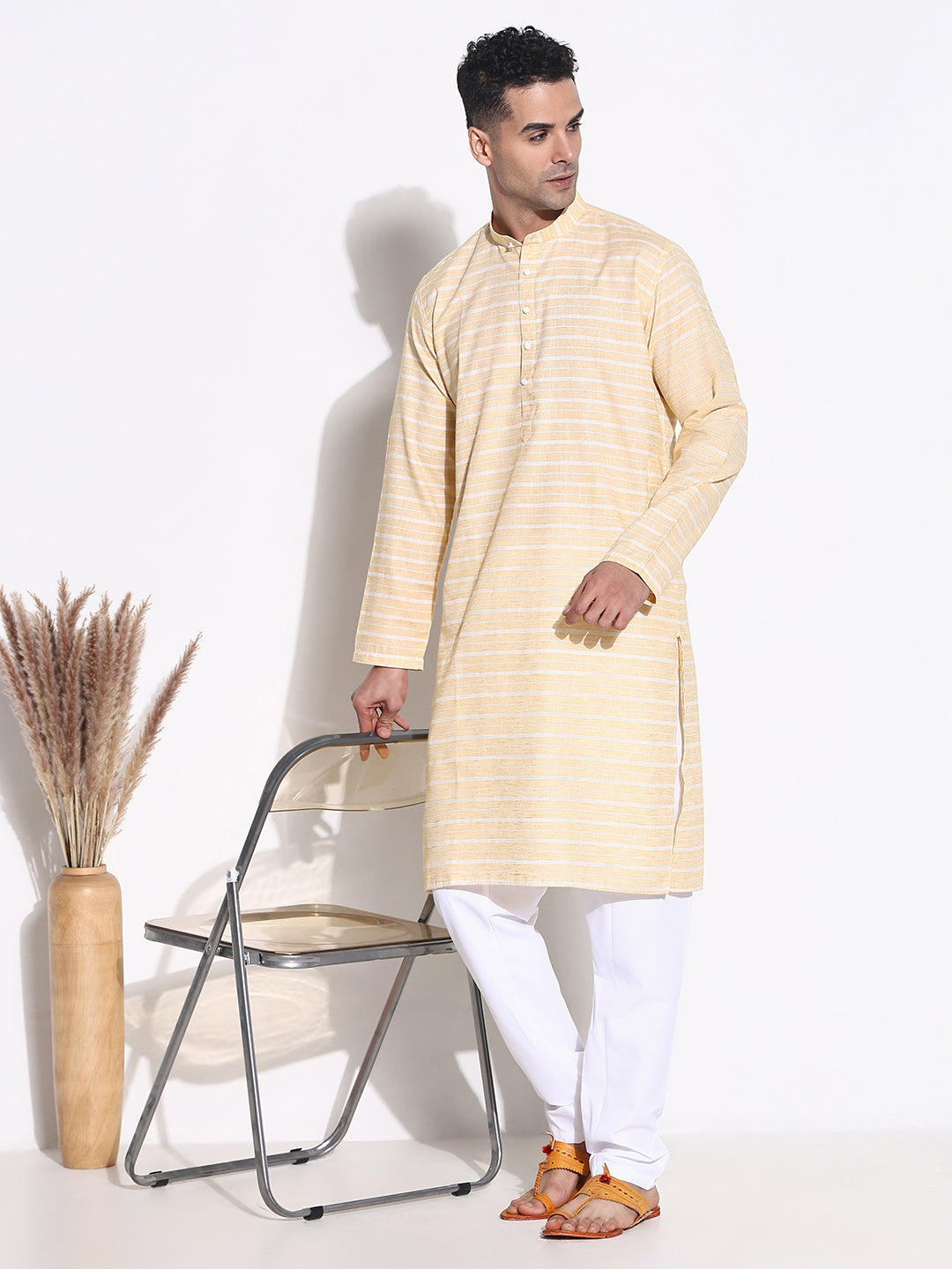 Men Yellow Striped Kurta Set