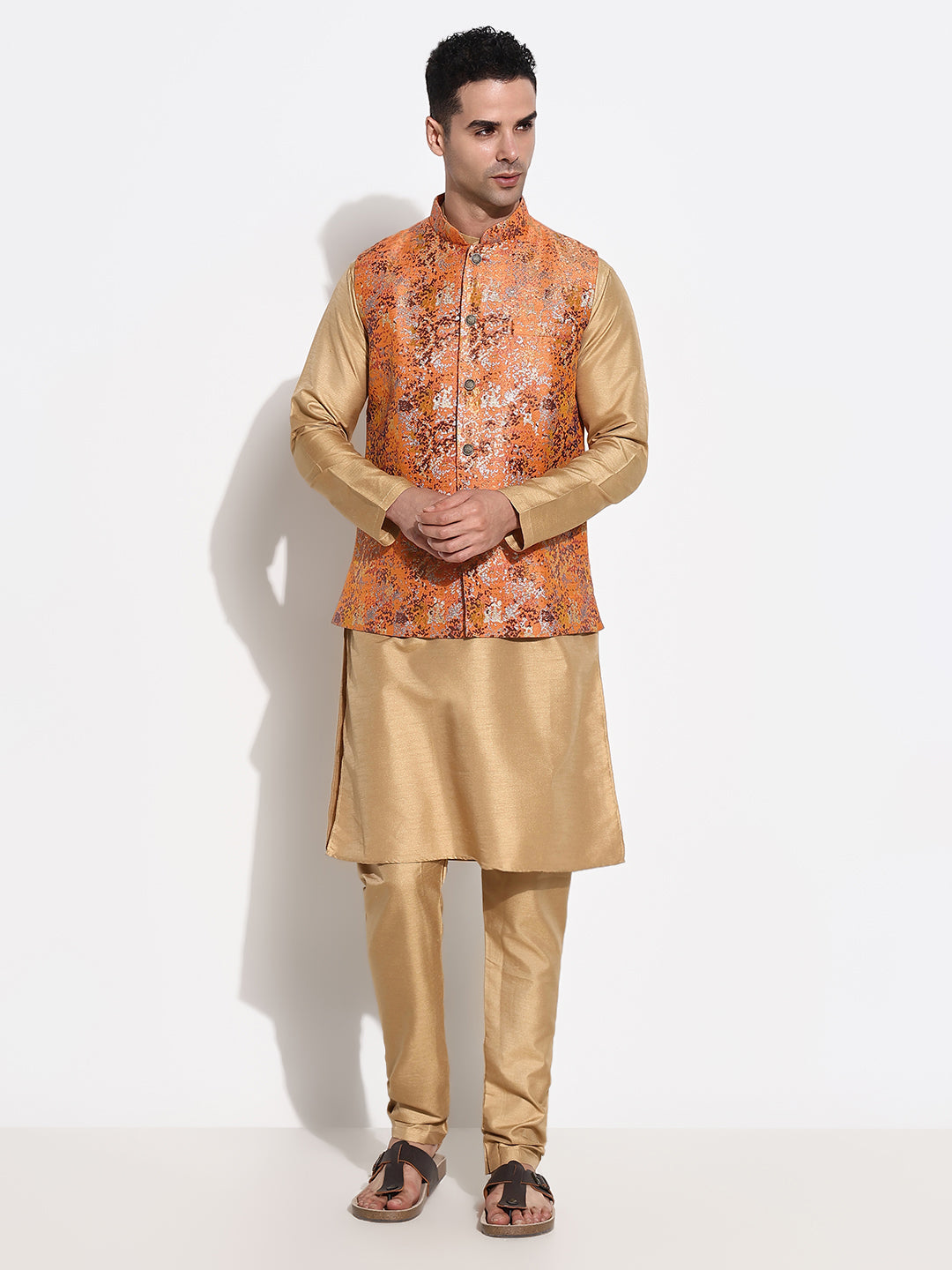 Men Beige Solid Kurta Set with Nehru Jacket