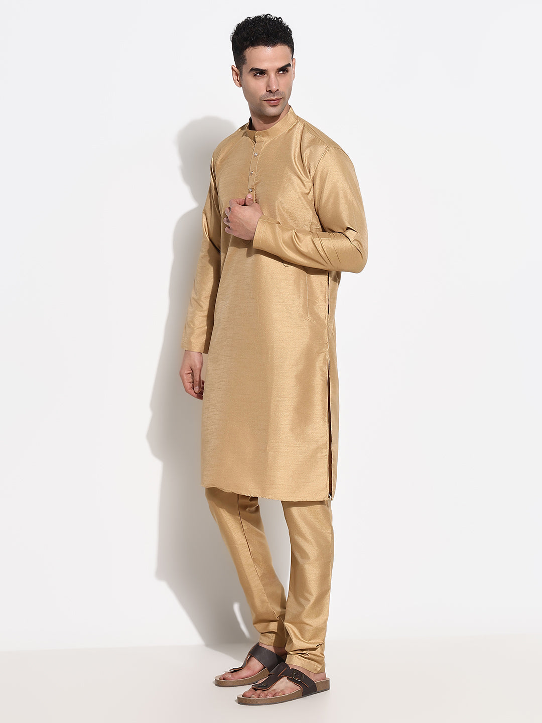 Men Beige Solid Kurta Set with Nehru Jacket