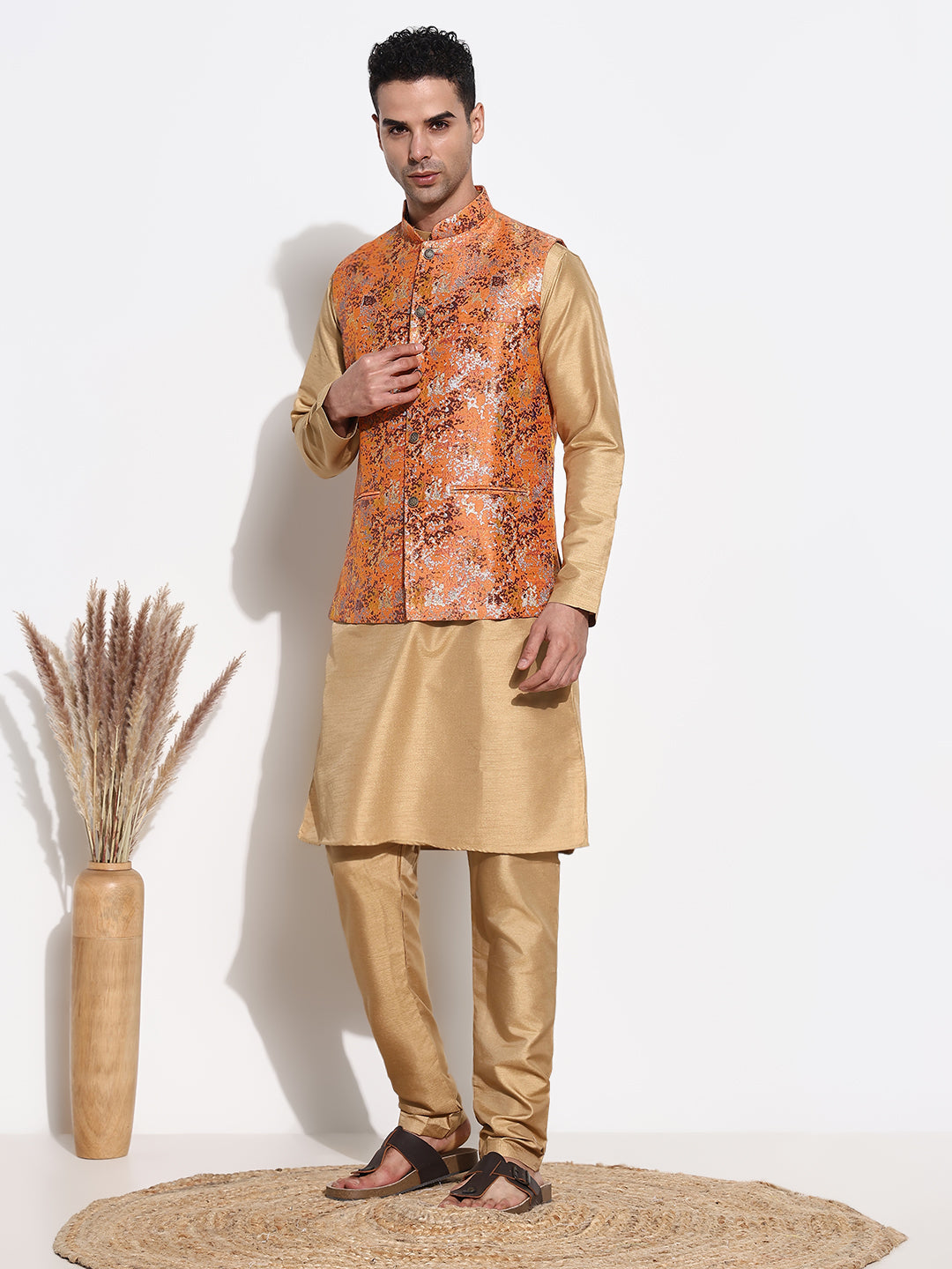 Men Beige Solid Kurta Set with Nehru Jacket