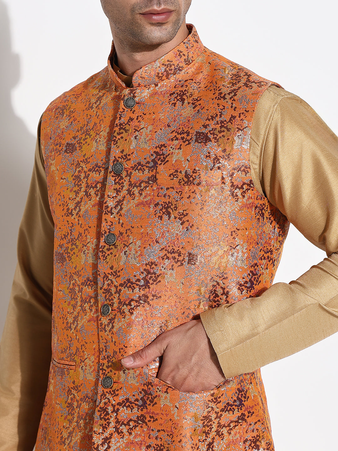 Men Beige Solid Kurta Set with Nehru Jacket