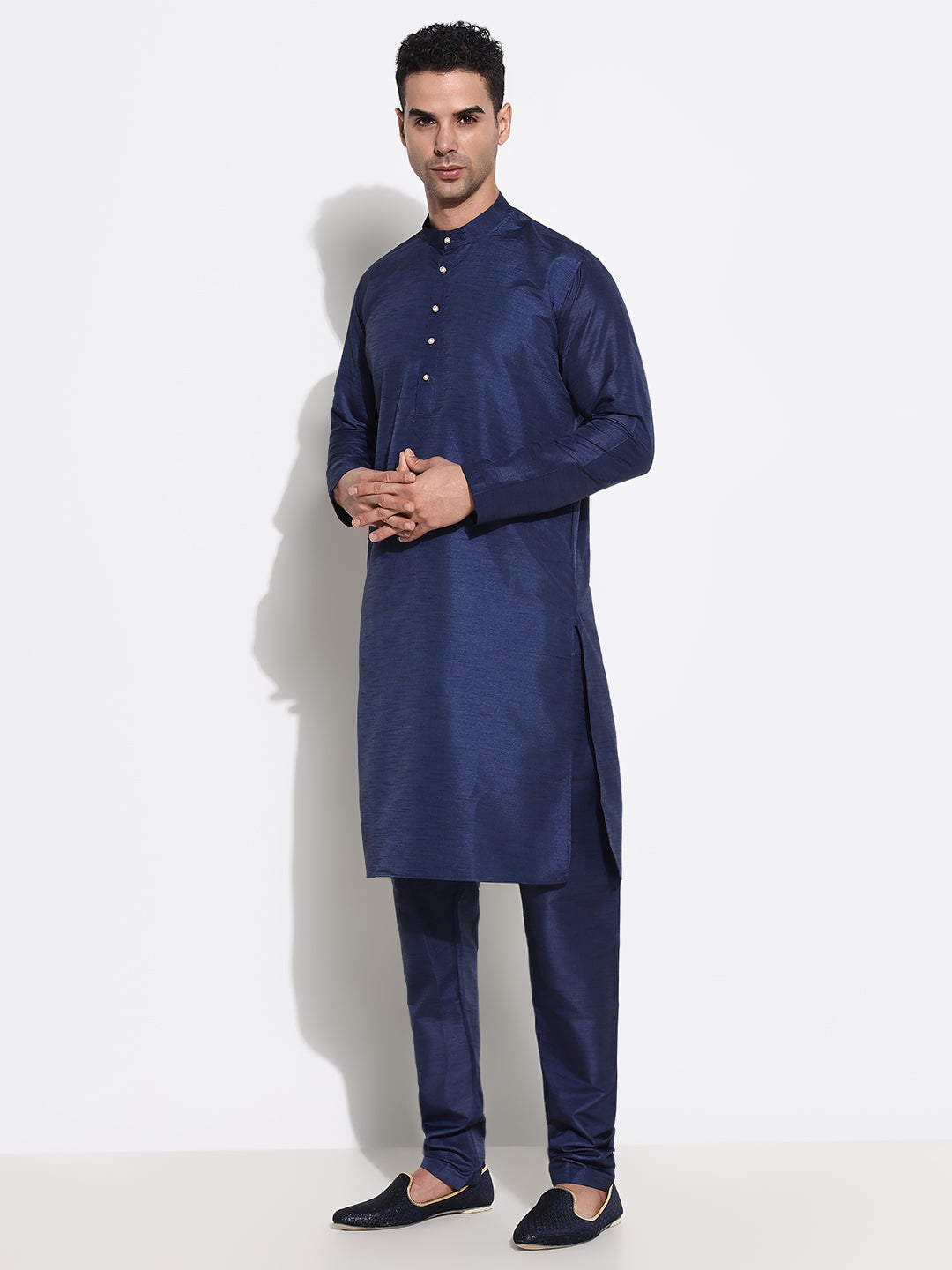 Men Navy Blue Solid Kurta Set with Nehru Jacket