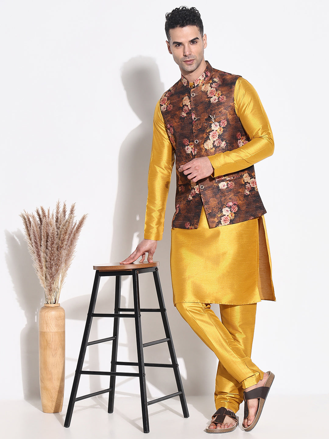 Men Mustard Solid Kurta Set with Nehru Jacket