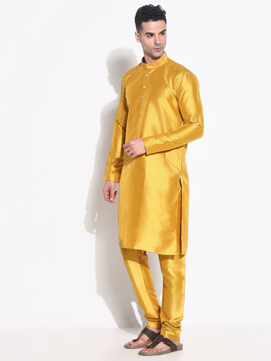 Men Mustard Solid Kurta Set with Nehru Jacket