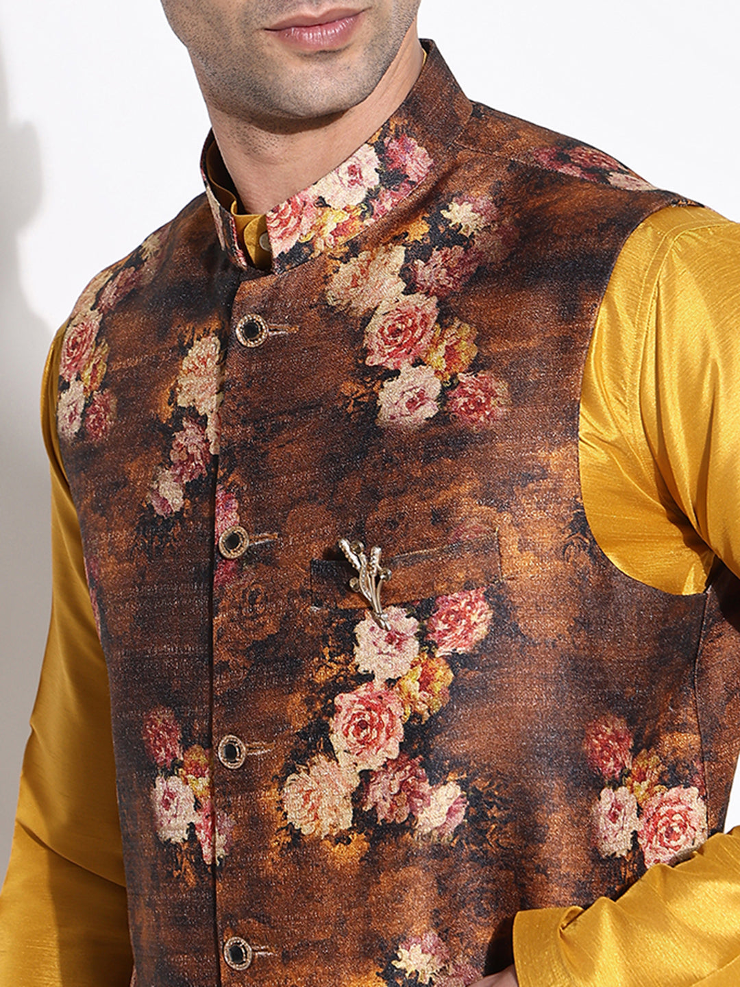 Men Mustard Solid Kurta Set with Nehru Jacket