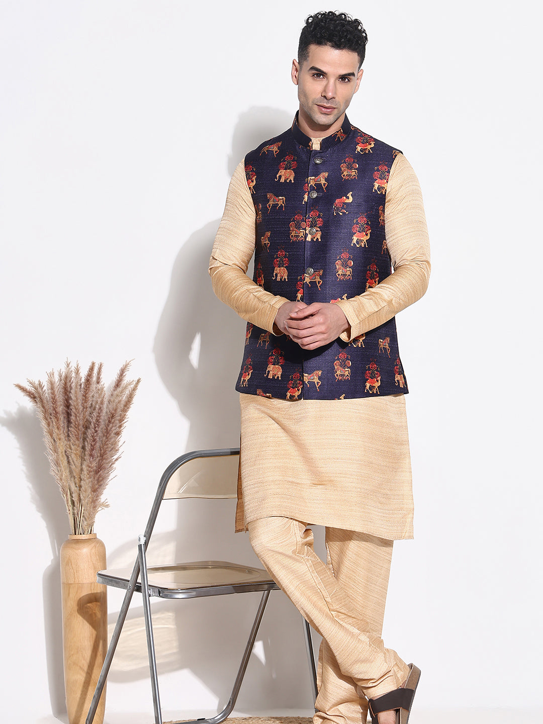 Men Beige Solid Kurta Set with Nehru Jacket