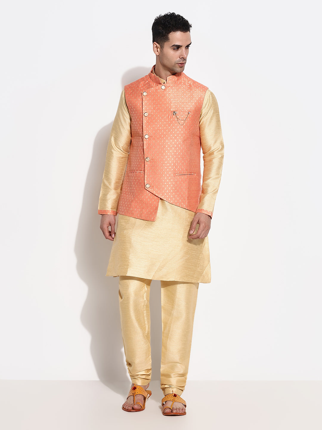 Men Beige Solid Kurta Set with Nehru Jacket