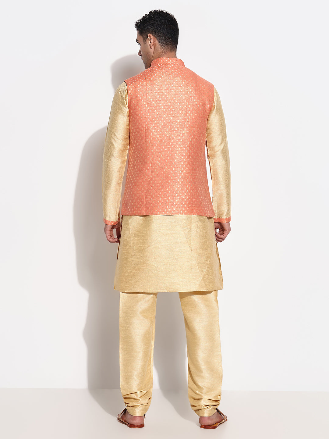 Men Beige Solid Kurta Set with Nehru Jacket