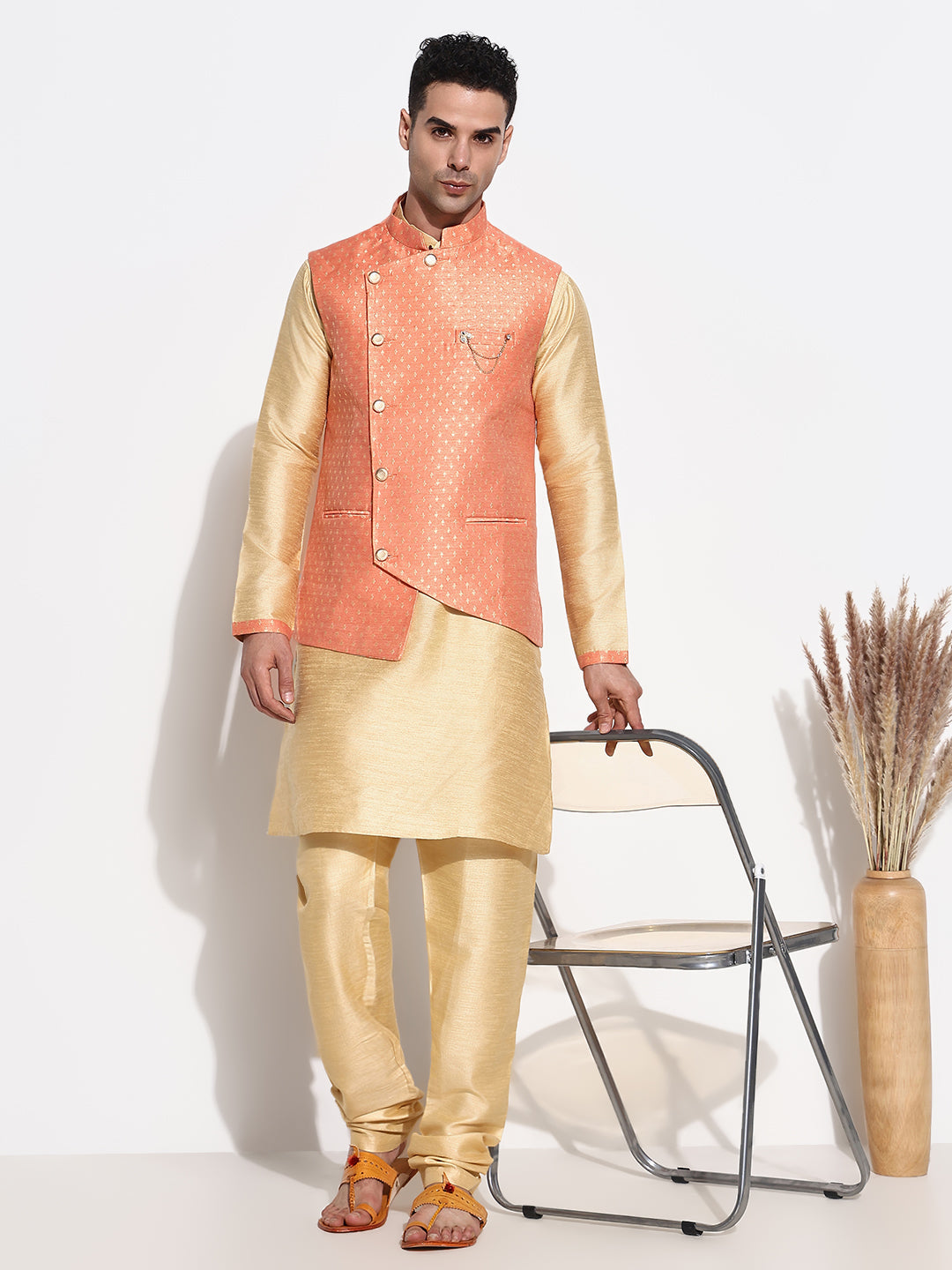 Men Beige Solid Kurta Set with Nehru Jacket